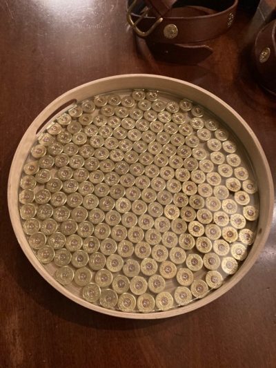 Drinks tray featuring upcycled shotgun cartridges